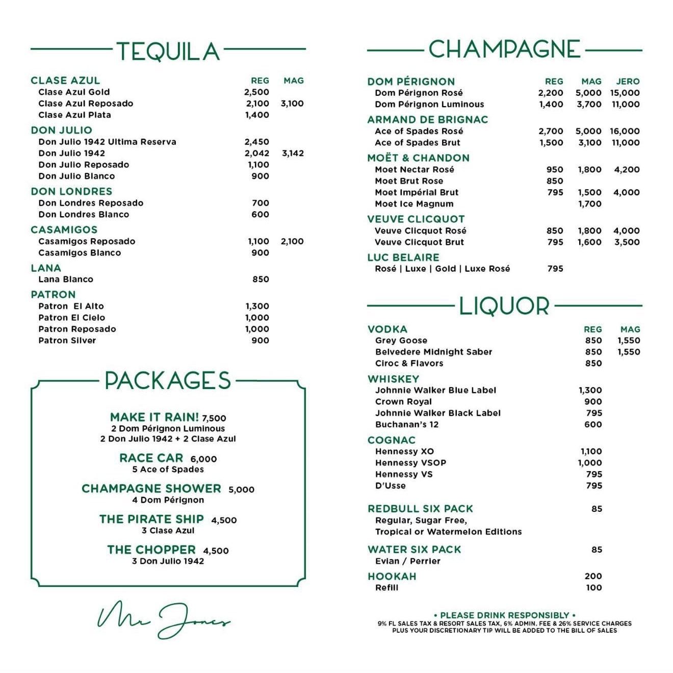 Mr Jones bottle service menu